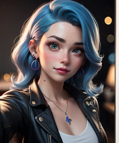 cinematic lighting, masterpiece, best quality,3d rending work ,3DMM style,close-up, ultra-detailed photography of a 1nerdy girl with goth and neon color. Model shoot style, photo ((selfie:1.8)) of a girl, 3D,1girl, solo, light blue hair, Bejeweled, realistic, simple background, bangs, looking away, nails, light purple hair color, makeup, long hair split edges ((blue hair)), voluminous hair, Light blue hair flutteringht in the wind, full body, perfect and well designed eyes, girlfriend, beautiful, wide smile, happy, white teeth, tulle, blush, shyness, collarbone, abdominals, double weave, beautiful and delicate face, fair skin, real skin, (face detail), vibe ((beautiful and aesthetic)), IT girl style, stylish, earrings, freckles. More details. very long curly hair, green eyes, techwwear leather jacket, cyberpunk style fashion, cybernetic body parts, wear sungglass, skirt, wearing blue sunglasse, a shirt in inside jacket, cyberpunk\(series\ clothes color, cleavage, neon light cirle around girl, aerith gainsborough, skinny and thin model, shallow depth of field, broad light, high contrast, backlighting, accessories, necklace, melancholy lighting, quiet, calm, masterpiece, best quality, 1girl, (JinxLol:1.2), (ultra photorealistic:1.3), (masterpiece:1.4).