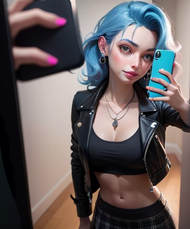 cinematic lighting, masterpiece, best quality,3d rending work ,3DMM style,close-up, ultra-detailed photography of a 1nerdy girl with goth and neon color. Model shoot style, photo ((selfie:1.8)) of a girl, 3D,1girl, solo, light blue hair, Bejeweled, realistic, simple background, bangs, looking away, nails, light purple hair color, makeup, long hair split edges ((blue hair)), voluminous hair, Light blue hair flutteringht in the wind, full body, perfect and well designed eyes, girlfriend, beautiful, wide smile, happy, white teeth, tulle, blush, shyness, collarbone, abdominals, double weave, beautiful and delicate face, fair skin, real skin, (face detail), vibe ((beautiful and aesthetic)), IT girl style, stylish, earrings, freckles. More details. very long curly hair, green eyes, techwwear leather jacket, cyberpunk style fashion, cybernetic body parts, wear sungglass, skirt, wearing blue sunglasse, a shirt in inside jacket, cyberpunk\(series\ clothes color, cleavage, neon light cirle around girl, aerith gainsborough, skinny and thin model, shallow depth of field, broad light, high contrast, backlighting, accessories, necklace, melancholy lighting, quiet, calm, masterpiece, best quality, 1girl, (JinxLol:1.2), (ultra photorealistic:1.3), (masterpiece:1.4).