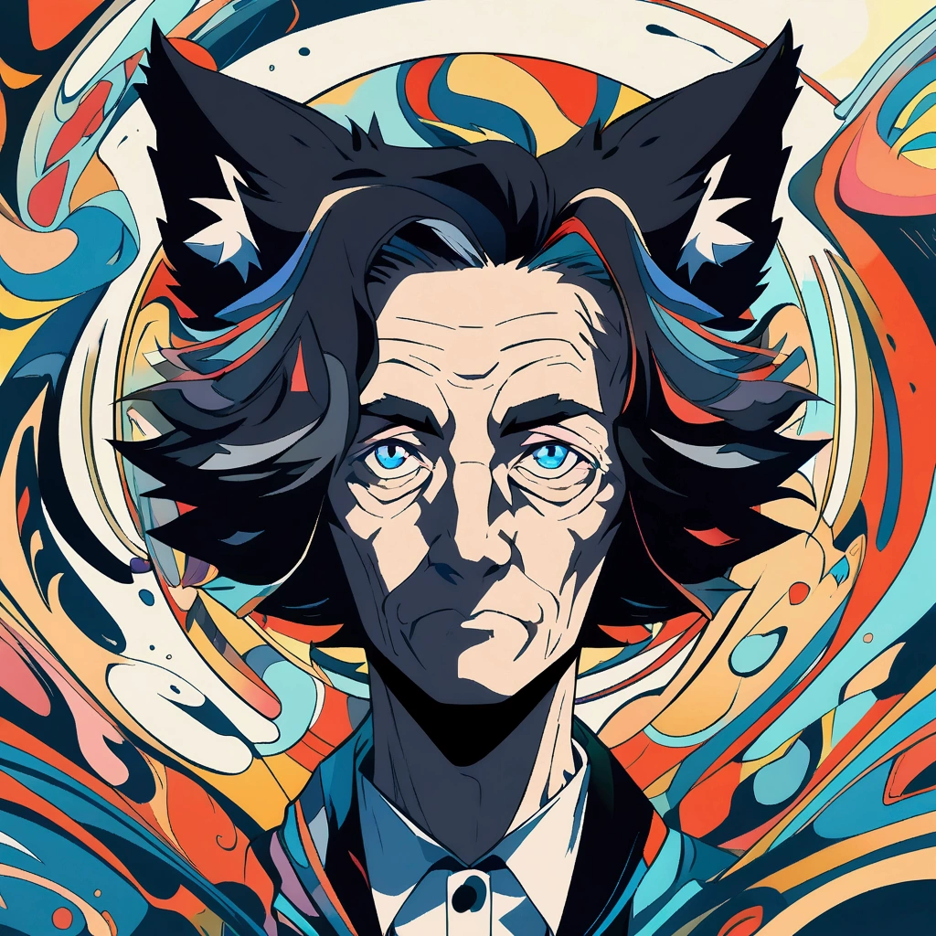 High resolution, solo, Black Hair, Cat ear, Wolf Ears, Old man、blue eyes, Character portrait, abstract, Anime Style, 