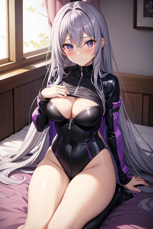 Anime Girl 2d Long Hair Loose light Purple-Grayish, Age Adulthood adult, in Pirate tight suit sexy blushed sit over a bed