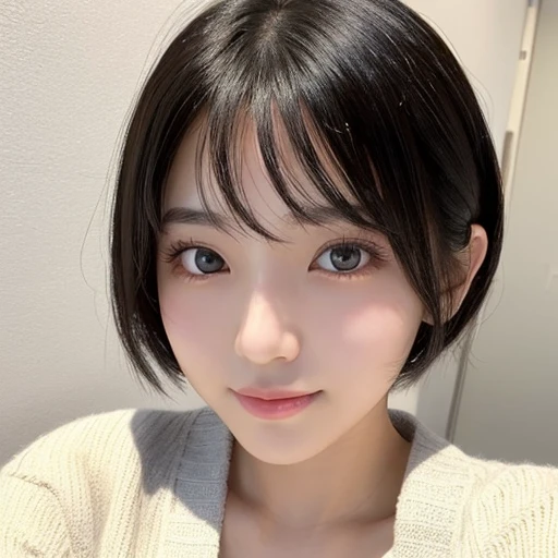 20-year-old female、Japanese、Beauty、The eyes are double、Lightweight cardigan、White Background、Beautiful Skin、Glossy Lips、Black short hair、Upper Body、head whole、Selfie taken from the bottom right