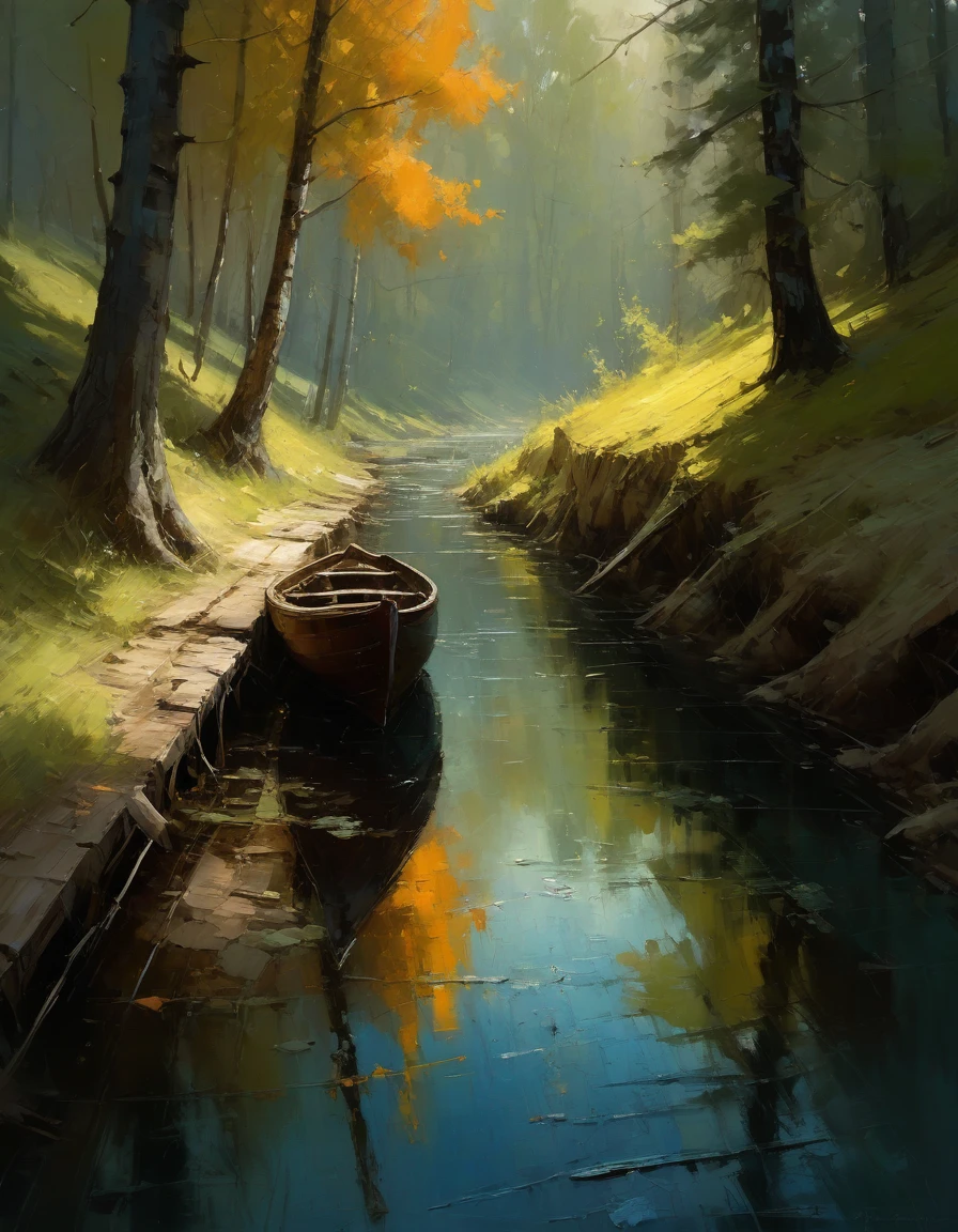 Jeremy Mann. (Nature and Landscapes painting)  (Masterpiece, Best Quality, 4K,) , Impasto oil painting, textured. Saturated deep colors. High contrast. Detail. Multi-layered image with cellular shadows. Beautiful  Landscapes, Perfect Nature, Canada wildlife and nature landscapes, Wooden boats, maple trees, especially featuring local flora and fauna, golden ratio, award-winning, highly detailed, centered, drawn, complex, volumetric lighting, beautiful, masterpiece, depth of field, perfect composition, high resolution 8K, palette knife and brush strokes, Artistic style Ivan Shishkinl artist.