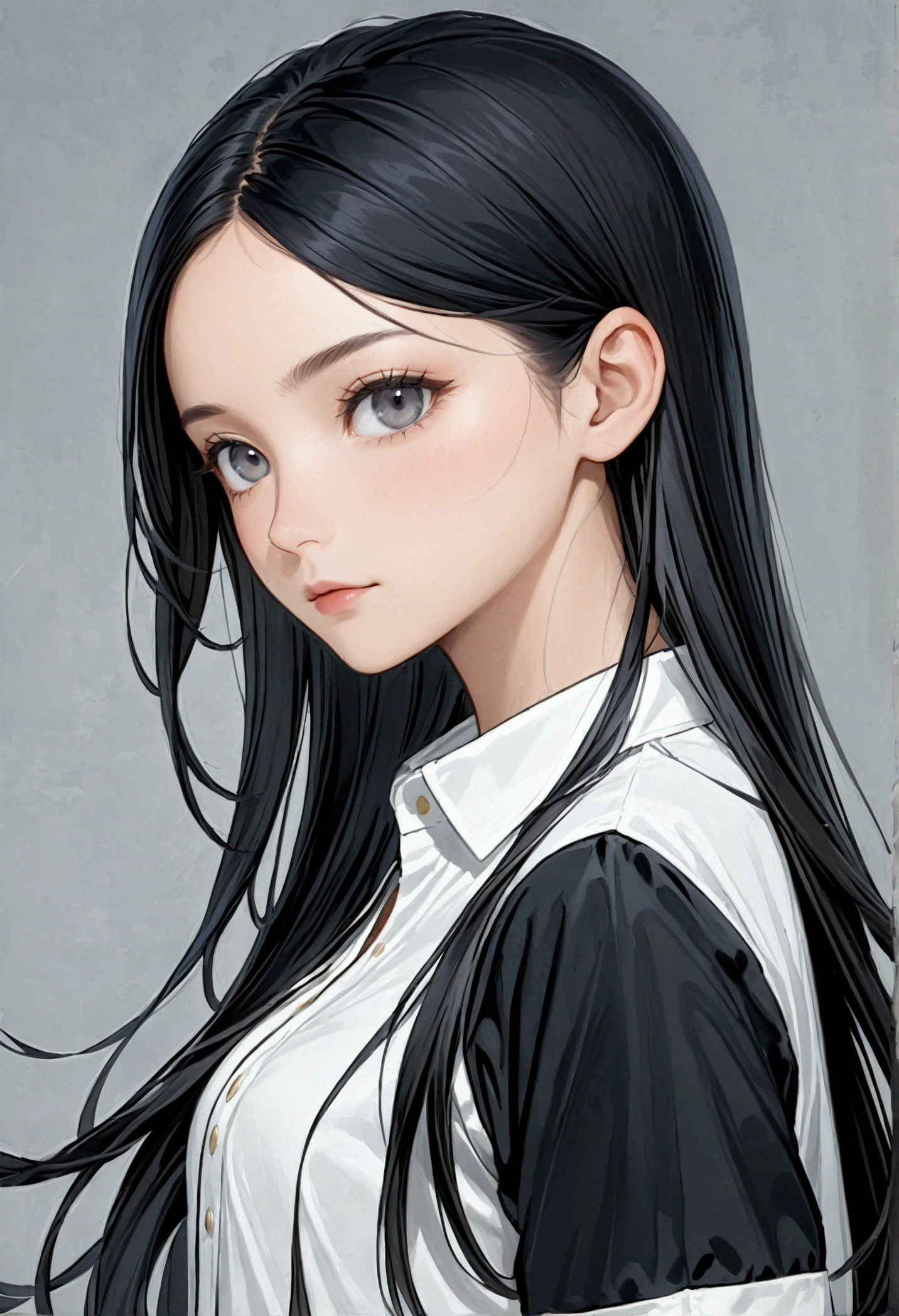 Long smooth  black hair with white peekaboo highlights  

, grey eyes

, Slender and athletic built

, Average height

, Casual Clothing

,8k, Best quality