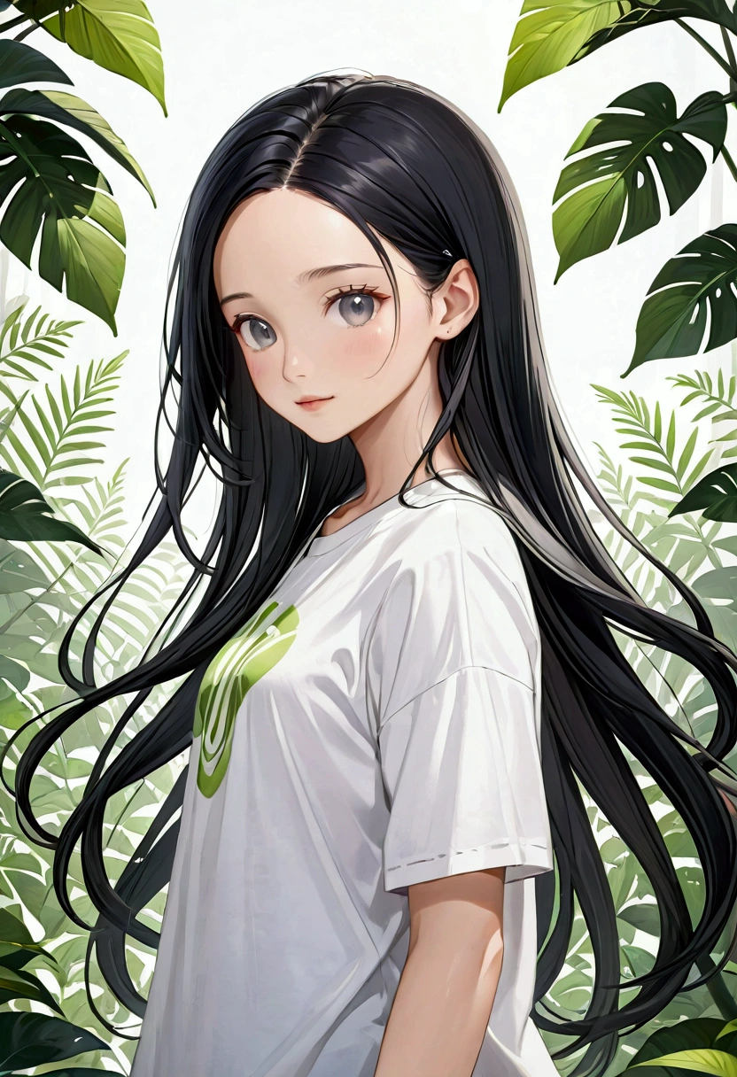 Long smooth  black hair with white peekaboo highlights  

, grey eyes

, Slender and athletic built

, Average height

, Casual Clothing

,8k, Best quality