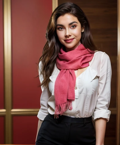 photorealistic, Best quality, hyper detailed, full length photo. fabulous, cute, cardiac, доброcardiac, доброcardiac, deafening, cheerful, sweet, Polite, sensitive, Reasonable, brilliant, charming, tempting, Dreamy, Elegant, stylish, stylish, Current pretty long dark haired Peruvian woman, beautiful brunette from Peru with the cutest face, skin, soft makeup, Red lipstick, Она носит skinную куртку, skinny trousers, Riding Boots, and pink scarf.
