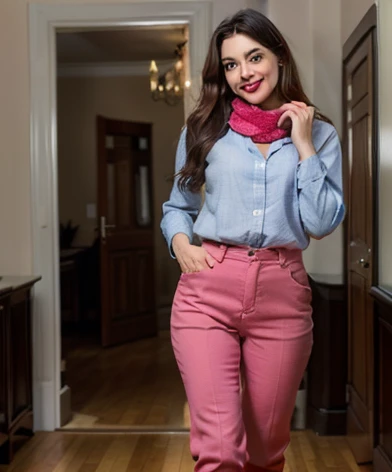 photorealistic, Best quality, hyper detailed, full length photo. fabulous, cute, cardiac, доброcardiac, доброcardiac, deafening, cheerful, sweet, Polite, sensitive, Reasonable, brilliant, charming, tempting, Dreamy, Elegant, stylish, stylish, Current pretty long dark haired Peruvian woman, beautiful brunette from Peru with the cutest face, skin, soft makeup, Red lipstick, Она носит skinную куртку, skinny trousers, Riding Boots, and pink scarf.