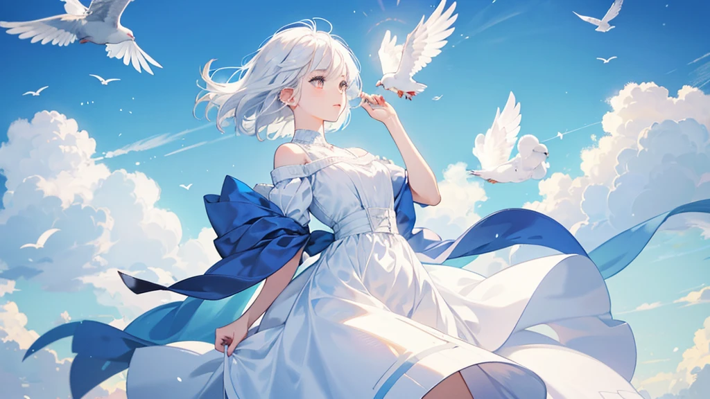 Girl, magical, holding up a shining ball of white mixed with blue, girl wearing a white dress, looking at the ball, white hair, white eyes, beautiful cloud background, and doves flying around her, exposed to the wind