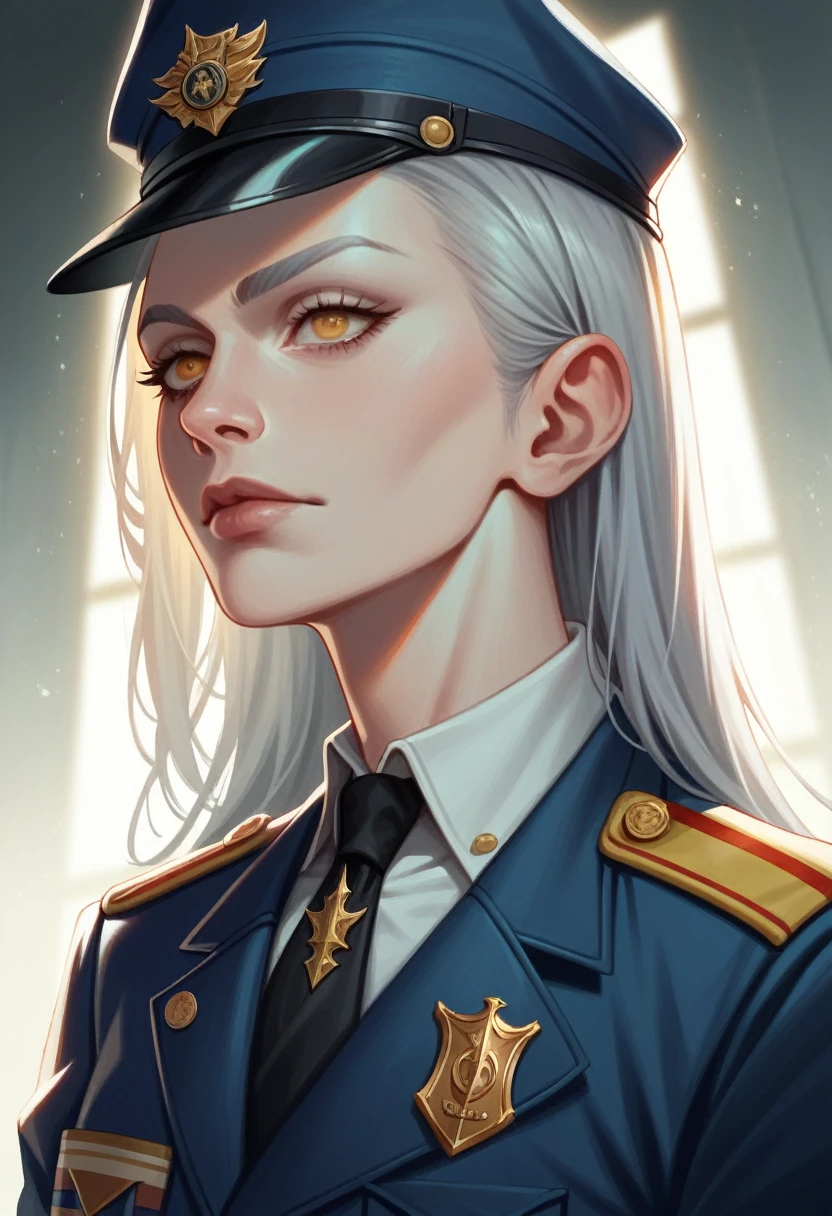 (Surreal female portrait), (Dark Fantasy Art: 1.6), Style David Hockney and Alphonse Mucha, Amazing realism, Dynamic Lighting, 4K resolution, Very detailed facial features, The award-winning, Cowboy shooting, (Uniform Officer: 1.4), Long gray hair, Deep Shadows.