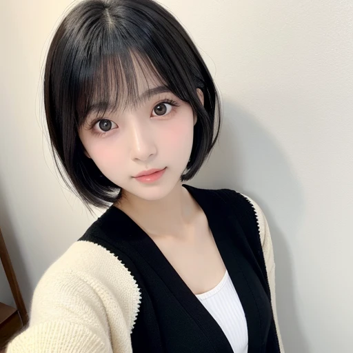 20-year-old female、Japanese、Beauty、The eyes are double、Lightweight cardigan、White Background、Beautiful Skin、Glossy Lips、Black short hair、Upper Body、head whole、Selfie taken from the bottom right