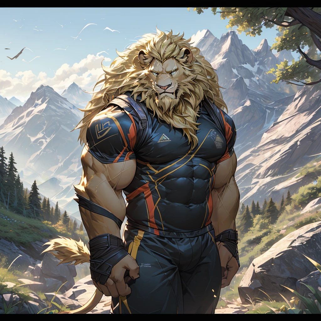 (best quality,4K,8K,high resolution,masterpiece:1.2),Extremely detailed,(Practical,photoPractical,photo-Practical:1.37),lion, male, Long blond mane, Blonde chin beard, Green Eyes, Muscular body, Tight sportswear, Hiking in the mountains, Smiling and looking at the scenery, Vibrant colors, Golden Lights