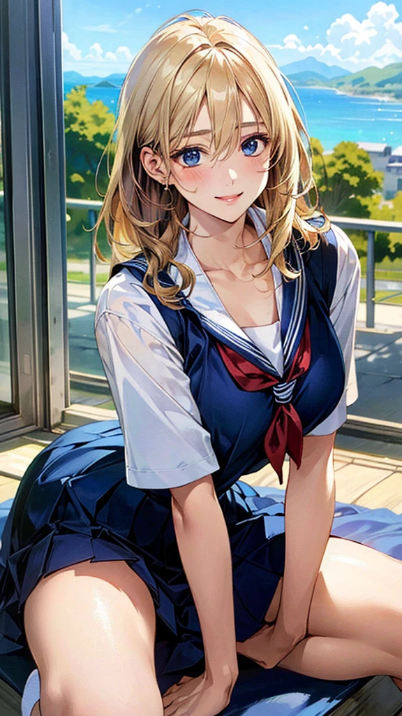 (masterpiece:1.3, Highest quality, Ultra-high resolution, Very detailed), (Realistic, photoRealistic:1.4), Beautiful illustrations, Perfect lighting, Natural light, colorful, Written boundary depth, NFSW,
View your viewers, 1 Girl, Japanese, high school girl, Perfect Face, Cute and symmetrical face, Shiny skin, Sunburned skin,
(Bob Hair, Blonde), Hair between the eyes, blue eyes, (Large Breasts, seductive Thighs, Big Ass), Thighs, sum,
Beautiful Hair, Beautiful Face, Beautiful attention to detail, Beautiful clavicle, Beautiful body, Beautiful breasts, 美しいThighs, Beautiful feet, Beautiful fingers,
(Beautiful views), ((A dynamic pose)), (School uniform), (Captivating smile,)