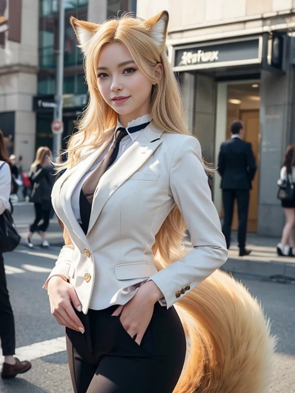 ((Highest quality, 32K)), ((masterpiece)), (Get used to it), Perfect Face, Fox Girl, Beautiful woman, public, There is a tail, She has a blonde fox tail, She wags her fluffy tail, smile, collar, She wears a business suit, Beautiful hip line, A tail sticking out from a business suit, Large Breasts, Big Ass