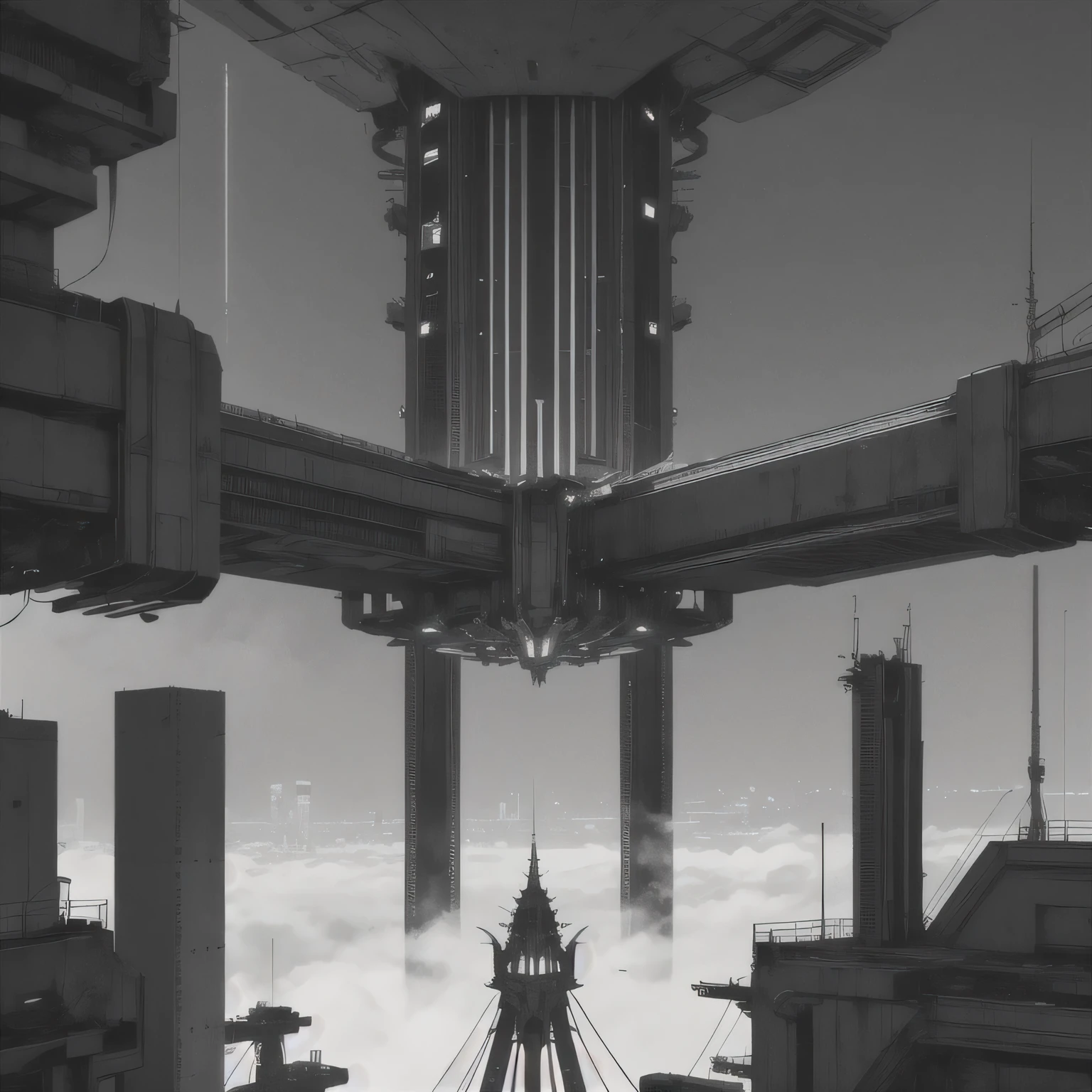 Blame concept art, An oversized city crowned with metal and geometry, metal catwalk, camera looking from above, black and white