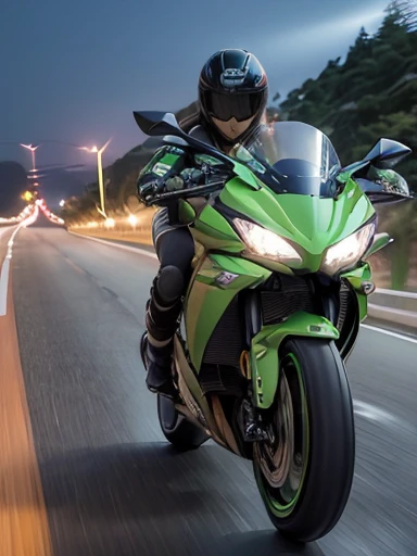 Japanese female, (underweight), (flat chest best quality:1.5), (motion blur:1.2), (long exposure:1.3) ,(highway), motorcycle, (riding Kawasaki super sport motorcycle:1.2), messy hair, (idol:1.2), (Riding a Kawasaki super sports motorcycle on the highway), (wheelie run:1.3), Japanese, (Enjoyable Scene), ((on the road)), with a full moon, (at midnight:1.2), structural, closeup shot, from below,