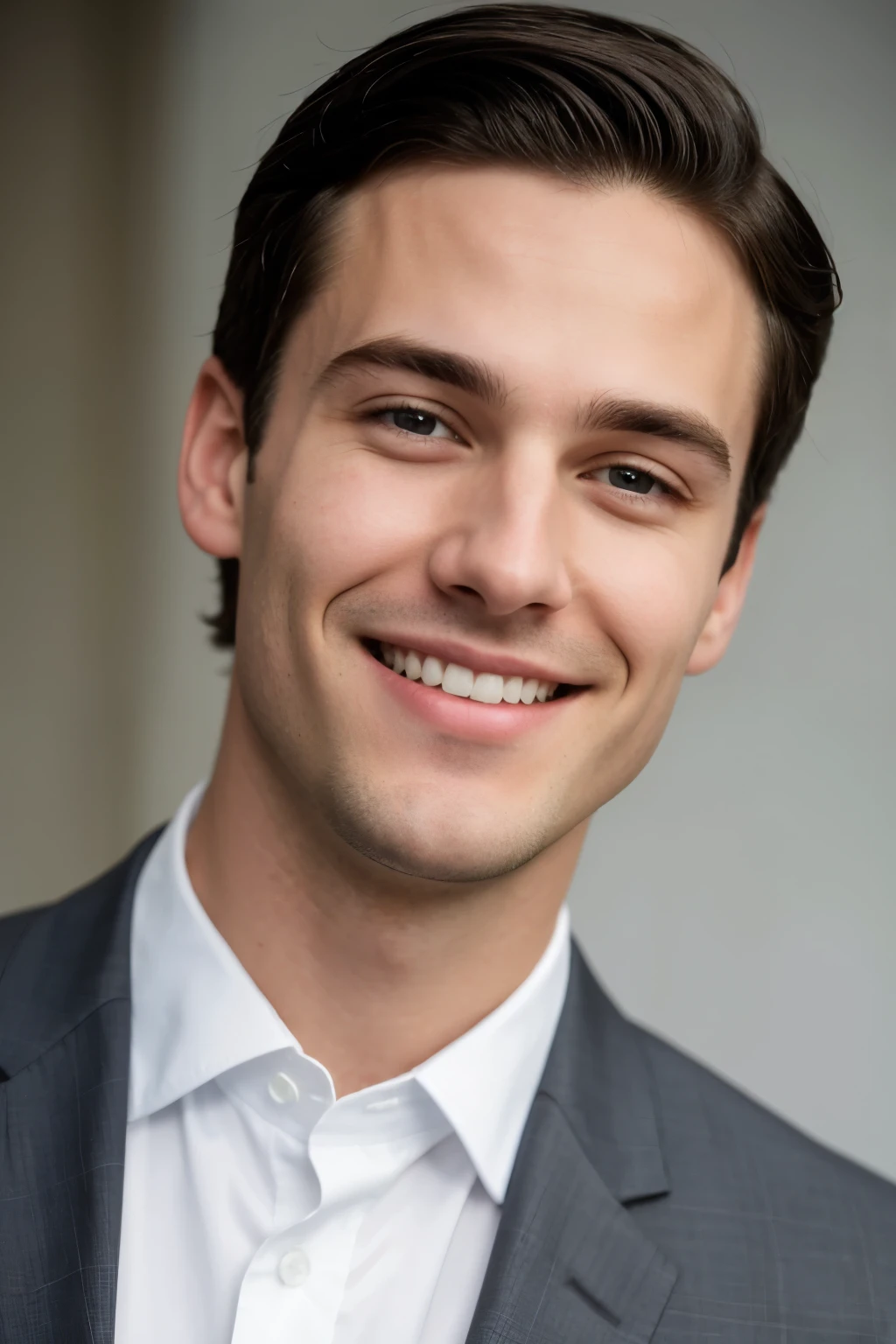 the face of a young white guy, he has short black hair, without glasses, with dark gray-blue eyes and a straight long thin nose, an elongated face with big smile, without beard, without mustache, in gray suit
