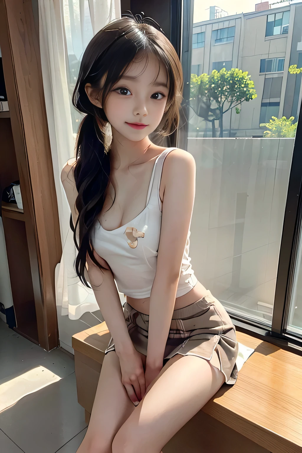(((Super cute and sexy old)))((Roll up your skirt)), very cute, smile, blush, Round face, topless, ((Spread your legs)) classroom、beautiful girl、masterpiece, cute teen girl (schoolgirl: 1.2)(very tight transparent white tshirt:1.2), (her nipple is visible ) ( transparent uniform:1.2)( sexy topless:1.3)(curve proportional body:1.3),(very detail slim thight:1.3), (slim thight:1.3) (very detail curve boob:1.2) (long legs:1.4) (short ponytail hair:1.2) black hair, wide angle, long shot, (full body), standing in front of bookcase, in the classroom, cinematic lighting, (((she is no wear anything)))(long shot:1.1), (( she is non underwear) ((very detail nipple:1.2))(detail curve butts1.2), (spread legs:1.3), ( spread crotch:1.3) wet crotch:1.2), camera from floor, slim body, tiny body, cinematic lighting, backlite from window, Light brown hair,