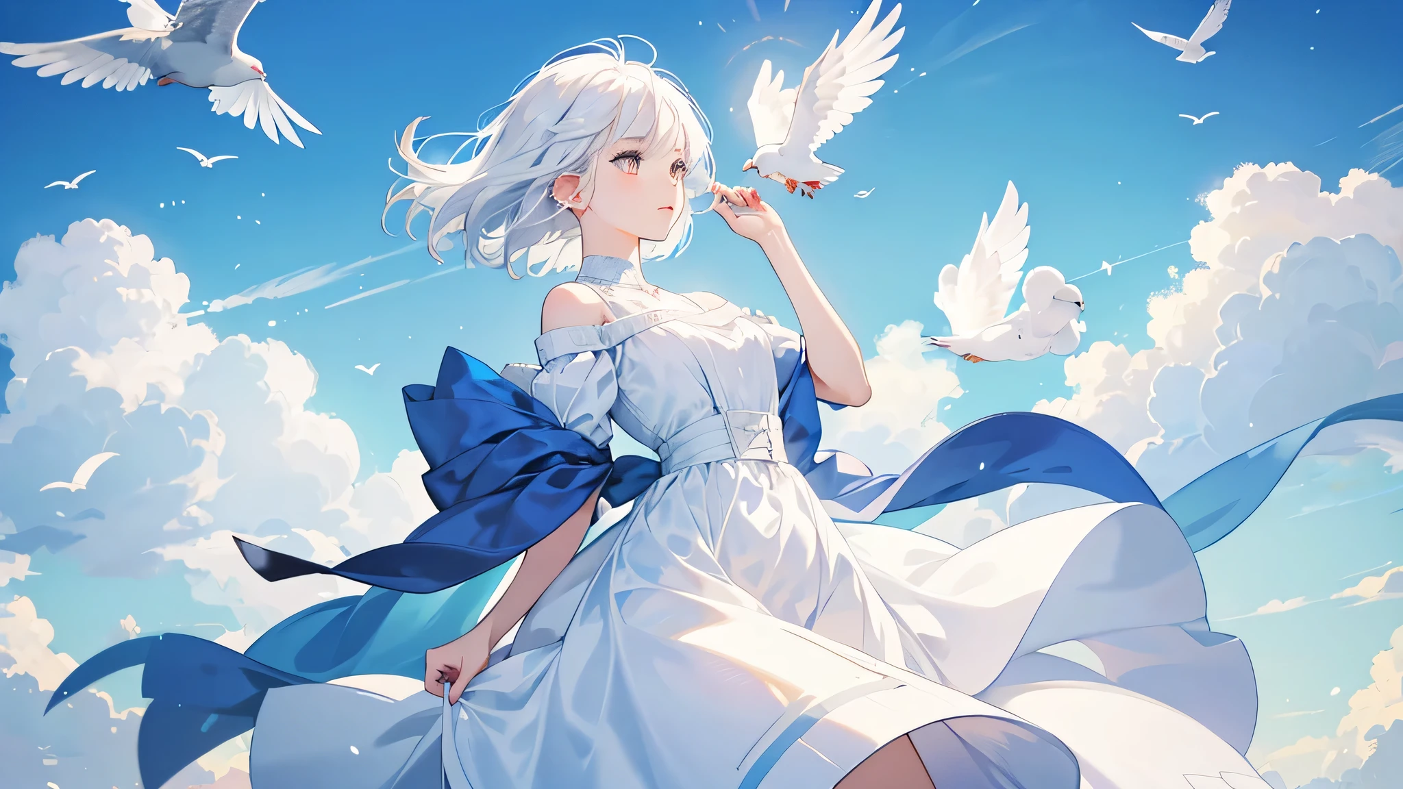 Girl, magical, holding up a shining ball of white mixed with blue, girl wearing a white dress, looking at the ball, white hair, white eyes, beautiful cloud background, and doves flying around her, exposed to the wind