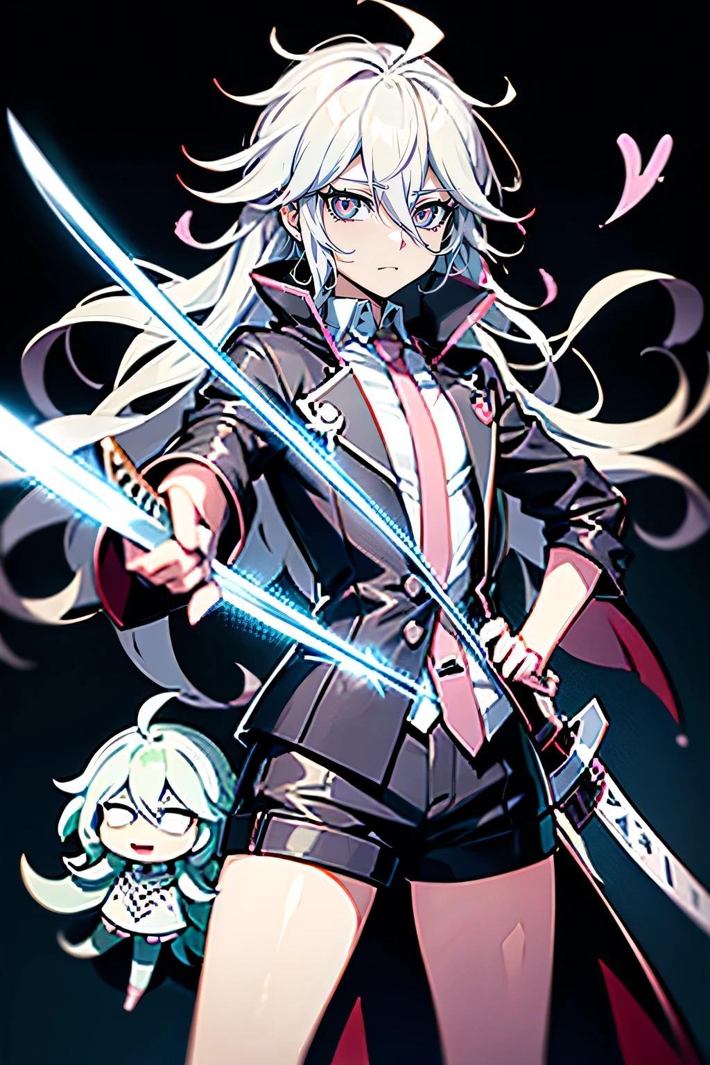 Anime character holding a sword and a stuffed toy, Hajime Yatate, nagito komaeda, Pixiv, Nagito Komaeda from Danganronpa, tensei shitara slime datta ken, With index finger, Demon Slayer Louis Fan Art, 2D Anime Style, Reincarnated as a Slime, Silver-haired madman、male