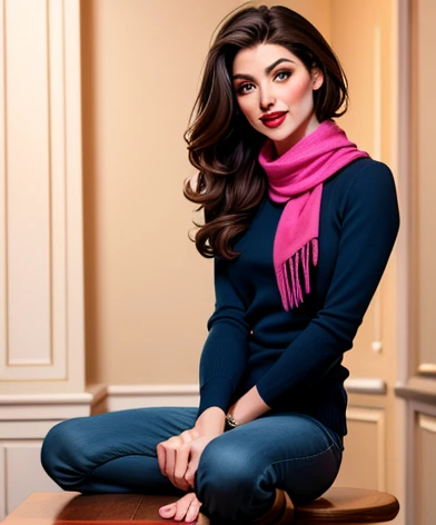 photorealistic, Best quality, hyper detailed, full length photo. fabulous, cute, cardiac, доброcardiac, доброcardiac, deafening, cheerful, sweet, Polite, sensitive, Reasonable, brilliant, charming, tempting, Dreamy, Elegant, stylish, stylish, Current pretty long dark haired Peruvian woman, beautiful brunette from Peru with the cutest face, skin, soft makeup, Red lipstick, Она носит skinную куртку, skinny trousers, Riding Boots, and pink scarf.