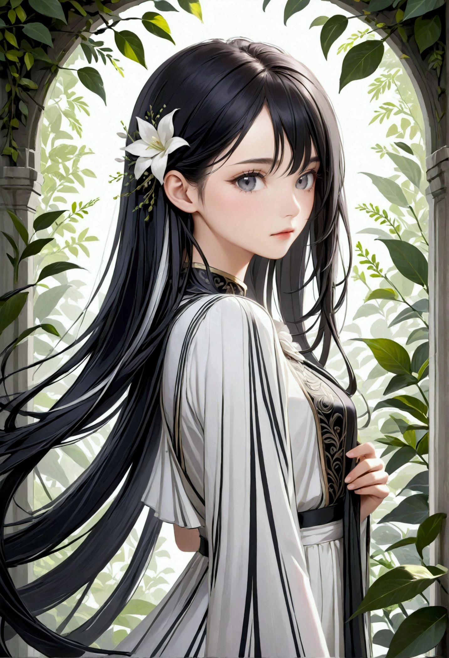 Long smooth black hair with white peekaboo highlights
, grey eyes
, Slender and athletic built
, Average height
,8k, Best quality