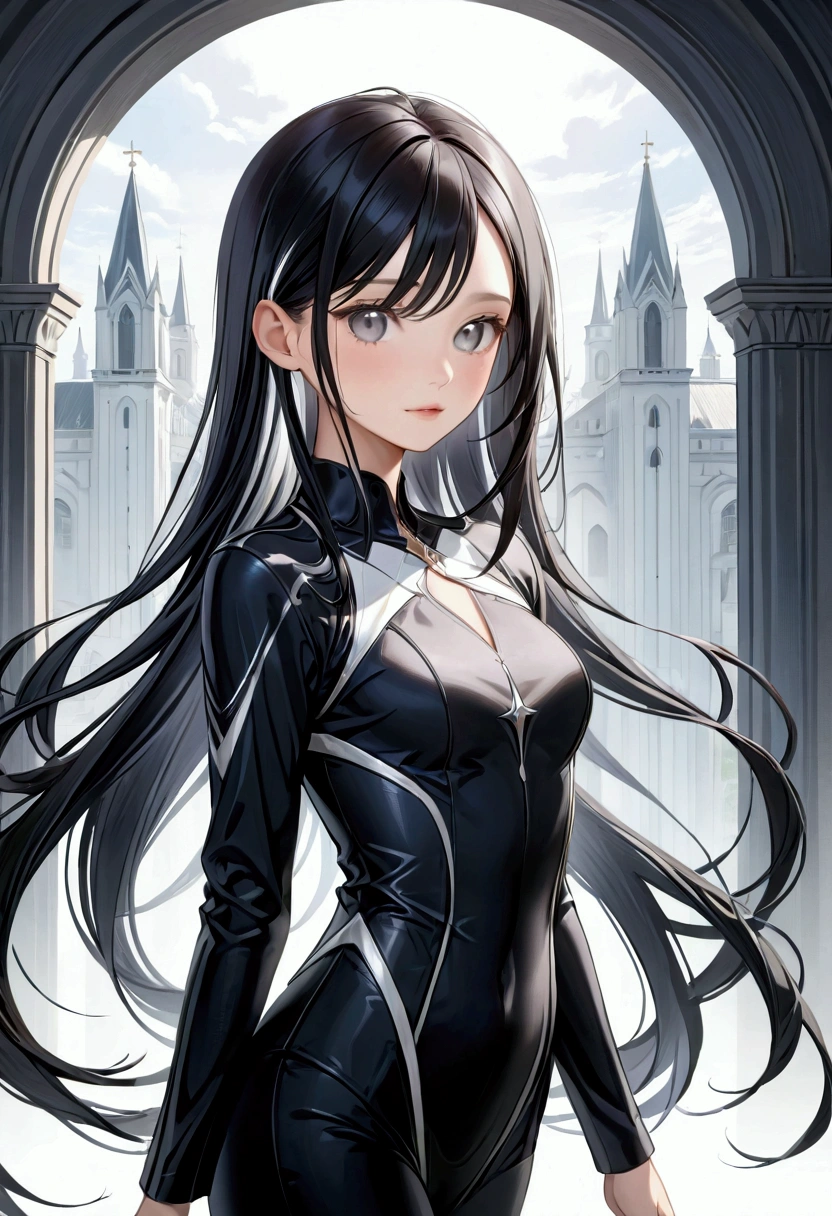 Long smooth black hair with white peekaboo highlights
, grey eyes
, Slender and athletic built
, Average height
,8k, Best quality