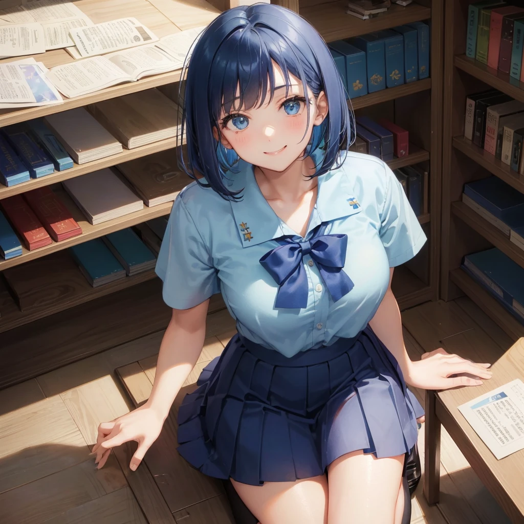 1 Solo　1 person　high school girl　17-year-old female　Bobcut　dark blue hair color　High School Uniform　Light blue Y-shirt　Short sleeve　Blue Ribbon　dark blue hair color　Slim figure　Large Breasts　Full body portrait　学校のlibrary　Smiling Kindly　Laugh a little　library　Squat　Place your hands before kneeling　Put your hands on the floor　