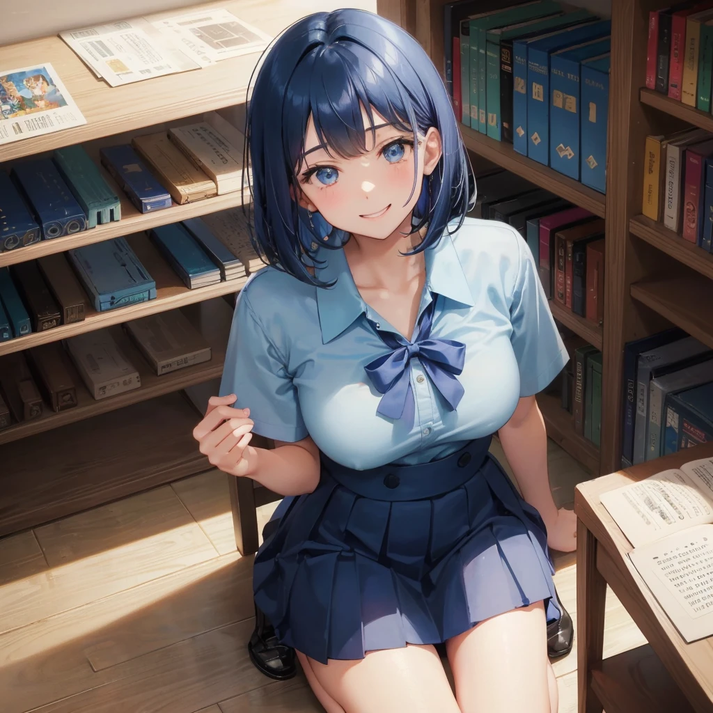 1 Solo 1 person high school girl 17-year-old female Bobcut dark blue hair color High School Uniform Light blue Y-shirt Short sleeve Blue Ribbon dark blue hair color Slim figure Large Breasts Full body portrait 学校のlibrary Smiling Kindly Laugh a little library Squat Place your hands before kneeling Put your hands on the floor