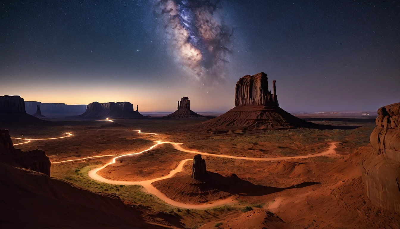 (Best quality,4K,A high resolution,Masterpiece:1.2),Artistic,Natural scenery,Stunning landscapes,Photography,Under the night sky (monument valley, Tsé Bii Ndzisgaii),(Huge sandstone formations, towering rock),geomerty,