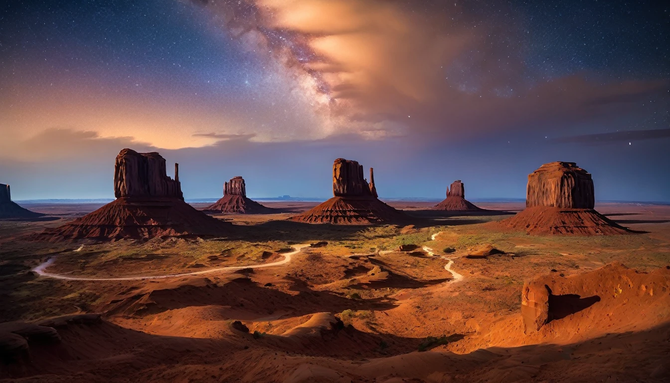 (Best quality,4K,A high resolution,Masterpiece:1.2),Artistic,Natural scenery,Stunning landscapes,Photography,Under the night sky (monument valley, Tsé Bii Ndzisgaii),(Huge sandstone formations, towering rock),geomerty,