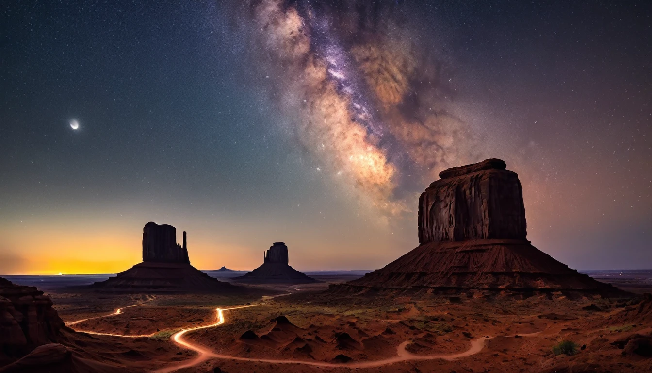 (Best quality,4K,A high resolution,Masterpiece:1.2),Artistic,Natural scenery,Stunning landscapes,Photography,Under the night sky (monument valley, Tsé Bii Ndzisgaii),(Huge sandstone formations, towering rock),geomerty,