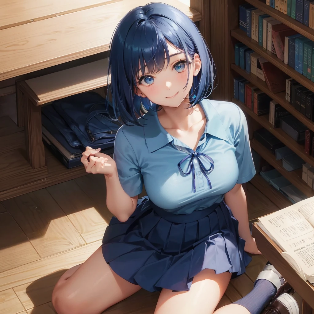 1 Solo 1 person high school girl 17-year-old female Bobcut dark blue hair color High School Uniform Light blue Y-shirt Short sleeve Blue Ribbon dark blue hair color Slim figure Large Breasts Full body portrait 学校のlibrary Smiling Kindly Laugh a little library Squat Place your hands before kneeling Put your hands on the floor