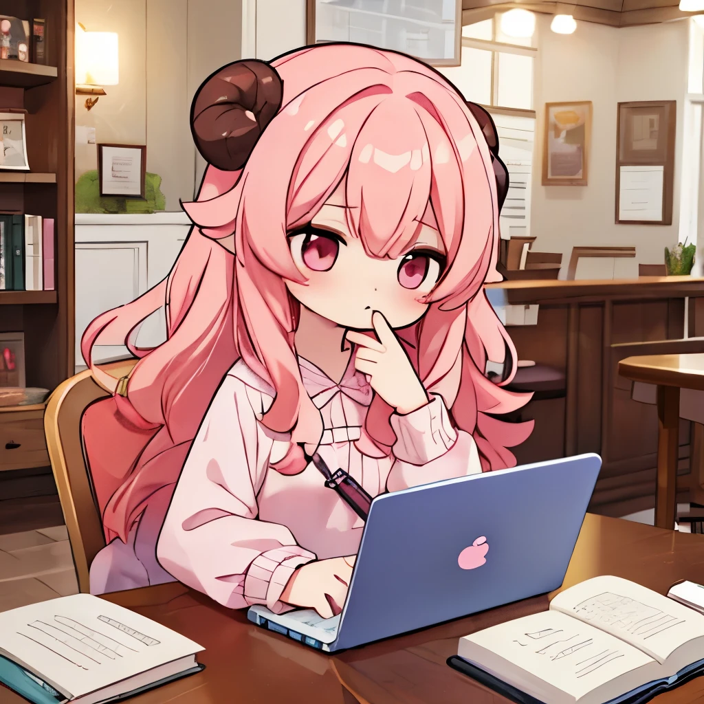 An anime-style illustration of ‘Fua-chan’ studying in a cafe. Fua-chan has distinctive features: long pink hair styled in soft curls resembling sheep’s horns, and pink eyes. She is depicted sitting at a cozy table in a stylish cafe, focused on her laptop and surrounded by books and notebooks. She is wearing casual, comfortable clothing and has a determined, focused expression as she takes notes and studies. The background shows a warm, inviting cafe interior with other patrons, soft lighting, and a variety of drinks and pastries on the counter, creating a productive and pleasant atmosphere.