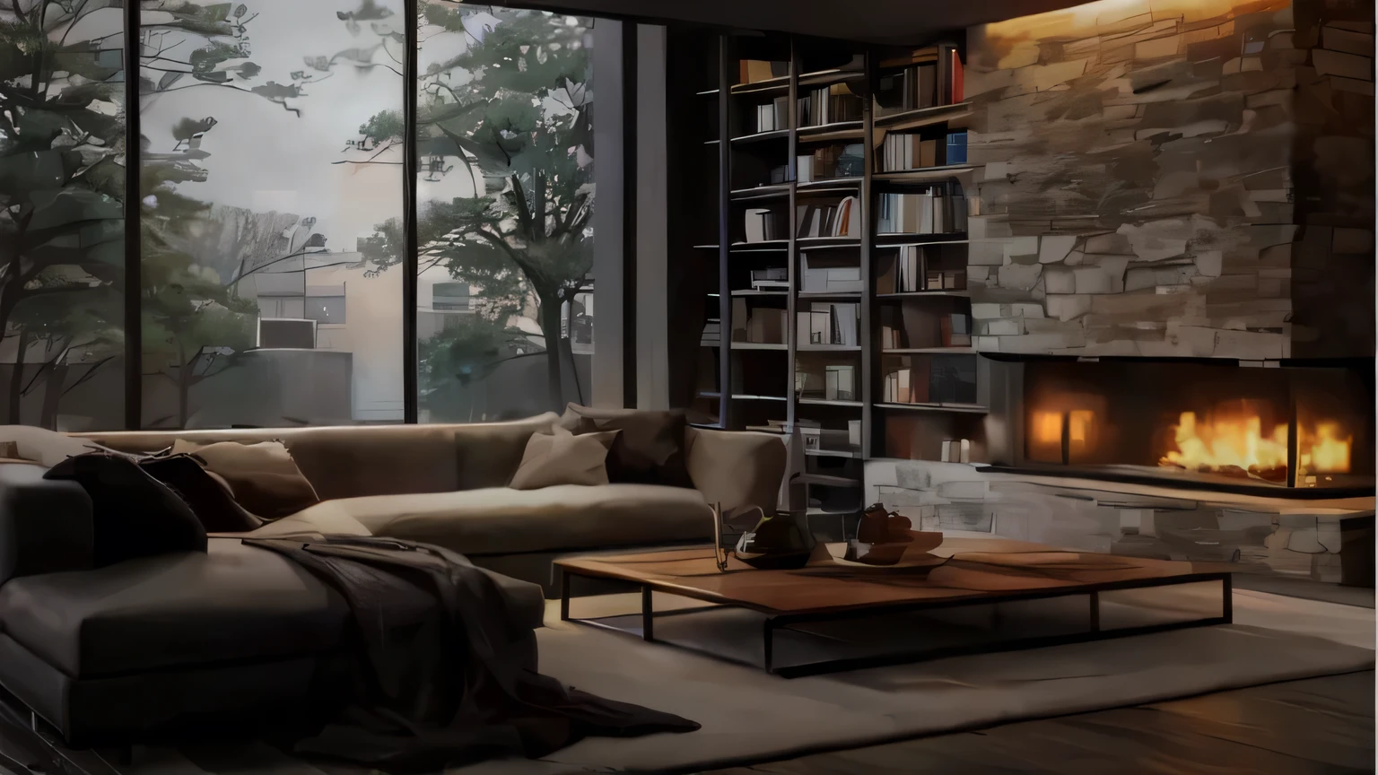 A fifty-something&#39;s living room with a sofa in front of a fireplace and bookshelf, Warm living room, Cozy living room interior, Cozy living room, Unreal Engine realistic rendering, Cozy contemporary living room, Cozy environment, Cinematic Rendering Unreal Engine, Warm interior, Cozy home background, Cozy living room background, Relaxing environment, Cozy and serene atmosphere, Vray 8K Rendering