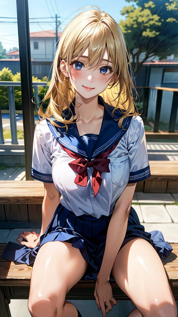 (masterpiece:1.3, Highest quality, Ultra-high resolution, Very detailed), (Realistic, photoRealistic:1.4), Beautiful illustrations, Perfect lighting, Natural light, colorful, Written boundary depth, NFSW,
View your viewers, 1 Girl, Japanese, high school girl, Perfect Face, Cute and symmetrical face, Shiny skin, Sunburned skin,
(Bob Hair, Blonde), Hair between the eyes, blue eyes, (Large Breasts, seductive Thighs, Big Ass), Thighs, sum,
Beautiful Hair, Beautiful Face, Beautiful attention to detail, Beautiful clavicle, Beautiful body, Beautiful breasts, 美しいThighs, Beautiful feet, Beautiful fingers,
(Beautiful views), ((A dynamic pose)), (School uniform), (Captivating smile,)