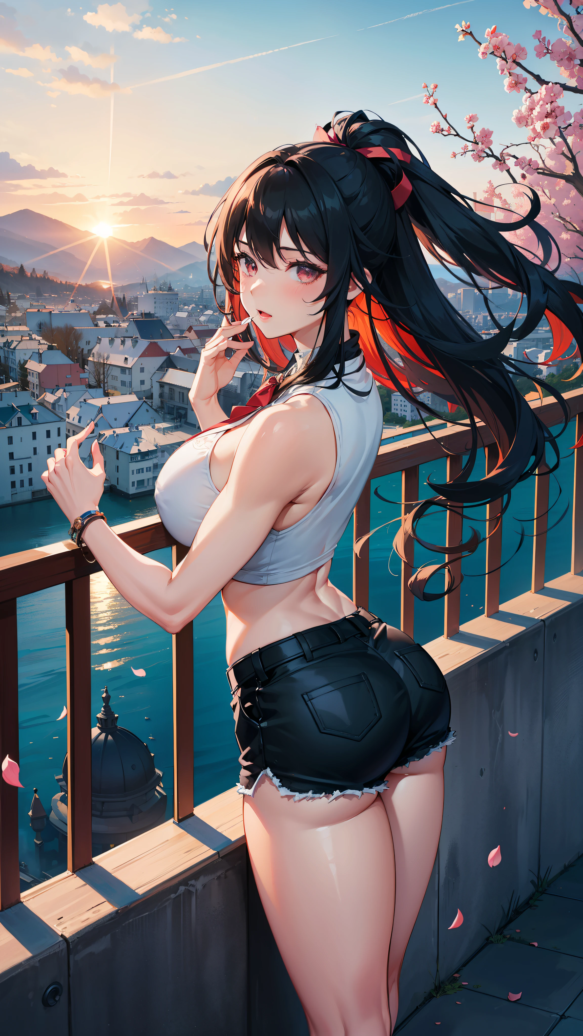 A beautiful girl, standing on balcony,giving a pose,black shorts,black crop top, seducing face,cold weather,wind breeze, beautiful sunset,birds flying,boat in lake,cute pose, looking somewhere,sweaty top,wavy hairs, black long hairs, beautiful eyes,red lips, mountains,from top view, beautiful sceneary, beautiful landscape, beautiful nature,((high quality, 8k resolution, ultra high quality,best image quality,best image clarity)), sports top,large breasts,curvy body,fit body, blushing face,red cheeks,pink petals, beautiful trees, beautiful view,hairs waving through wind,seen from front, muscular arms,watch on left hand, looking for someone,busty thighs,tall girl,one leg forward, bracelet, smoking ciggerate