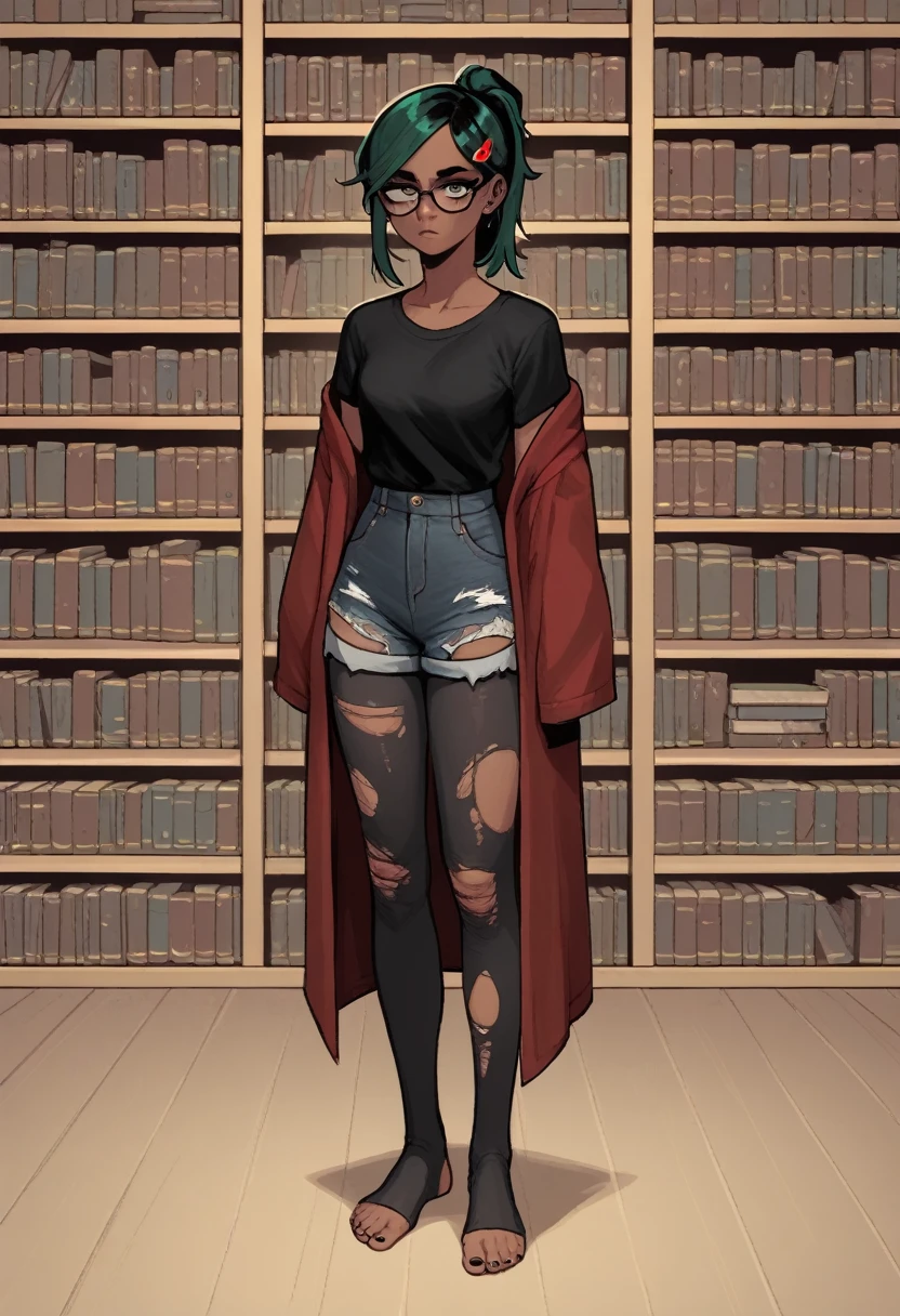 bright green hair, and a ponytail, library, bookshelf, glasses, character full body portrait, full body, a character portrait, dark red Hogwarts robe, black shirt, female emo art student, black jean shorts, black pantyhose, black hair pins, dark skin, torn black shirt, full body character portrait, Eiichiro Oda, stirrup leggings,