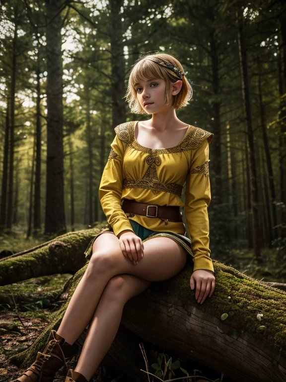 girl, short hair, yellow color, elf face slavic, freckles on the face, Skinny body, small bust, Celtic Clothing, sitting on a tree trunk, in the forest at night, the sky full of stars