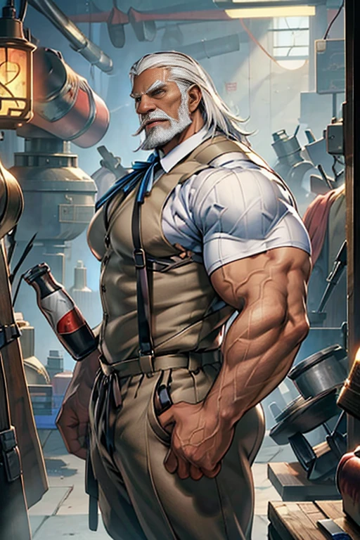 (masterpiece), best quality, expressive eyes, perfect face, 1 boy, 80 years old, Muscle Man, Bodybuilder, tanned skin, (brown skin) dark olive skin color, long grey hair, thick grey beard, bushy grey eyebrows, Soaked white T-shirt, trousers, Suspenders, Factory equipment, complete scene, enormous physique, sharp hooked nose, very thick arms, absurdly big arms, absurdly big nose, nose is very pointy, old man with sharp eagle like nose, gigantic nose size, cheek bones, enormous chest, bara pectorals, wide pectorals, veins, Take off Suspenders pants,factory scene,There are many objects and machines piled around