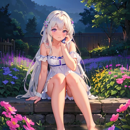 (best quality,4K,8K,high resolution,masterpiece:1.2),Very detailed,(Practical,photoPractical,photo-Practical:1.37),illustration,Soft Light,White hair girl,Deep purple eyes,Glowing eyes,sit down,barefoot,blush,Garden at night,Flowers.
