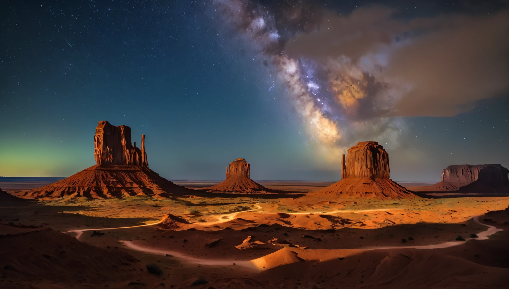 (Best quality,4K,A high resolution,Masterpiece:1.2),Artistic,Natural scenery,Stunning landscapes,Photography,Under the night sky (monument valley, Tsé Bii Ndzisgaii),(Huge sandstone formations, towering rock),geomerty,