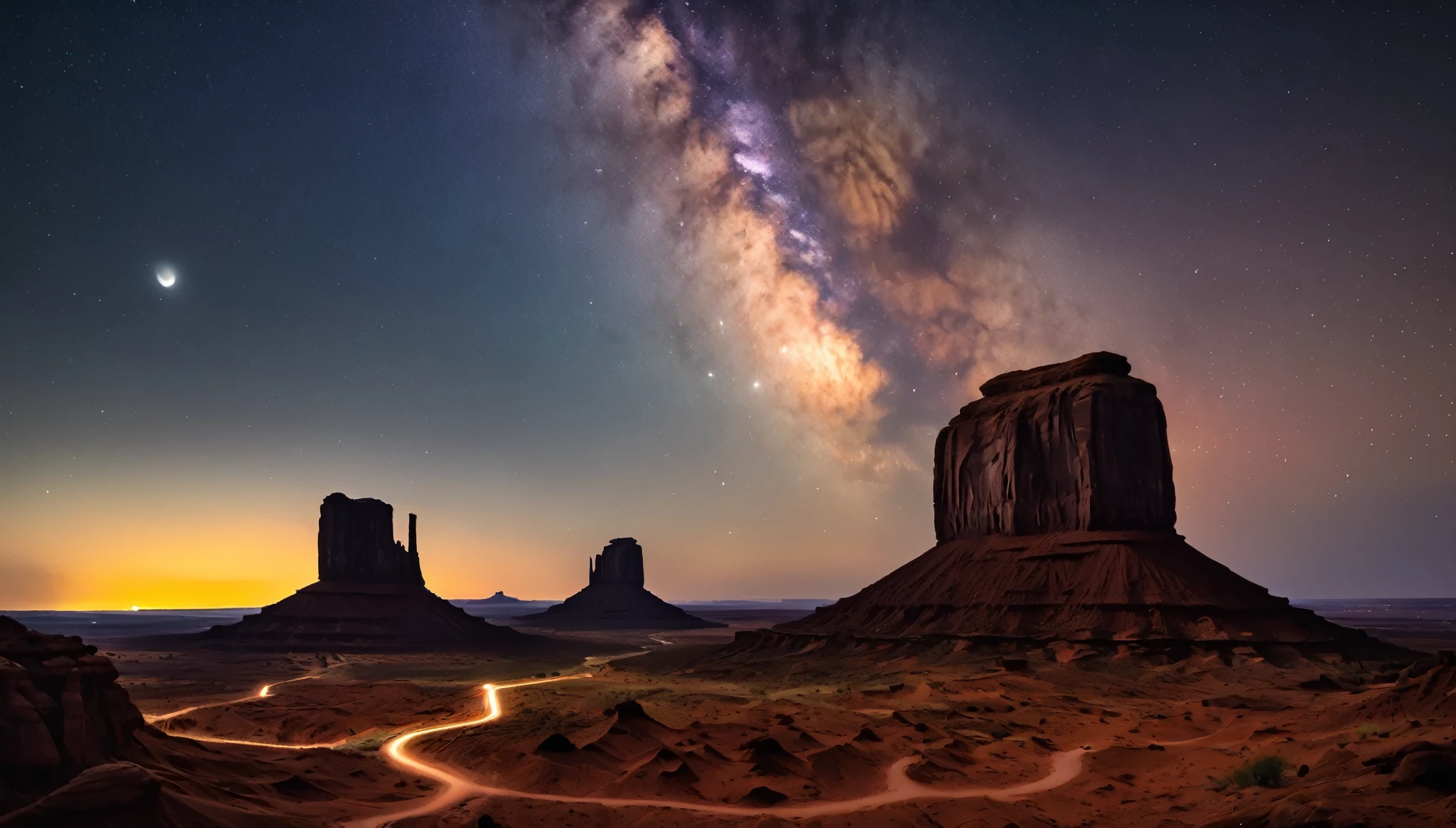 (Best quality,4K,A high resolution,Masterpiece:1.2),Artistic,Natural scenery,Stunning landscapes,Photography,Under the night sky (monument valley, Tsé Bii Ndzisgaii),(Huge sandstone formations, towering rock),geomerty,