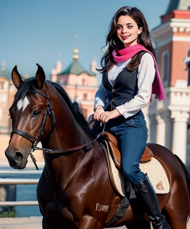 photorealistic, Best quality, hyper detailed, full length photo. fabulous, cute, cardiac, доброcardiac, доброcardiac, deafening, cheerful, sweet, Polite, sensitive, Reasonable, brilliant, charming, tempting, Dreamy, Elegant, stylish, stylish, Current pretty long dark haired European woman, beautiful brunette from Kyiv with the cutest face, skin, soft makeup, Red lipstick, Она носит skinную куртку, skinny trousers, Riding Boots, and pink scarf.rides a horse