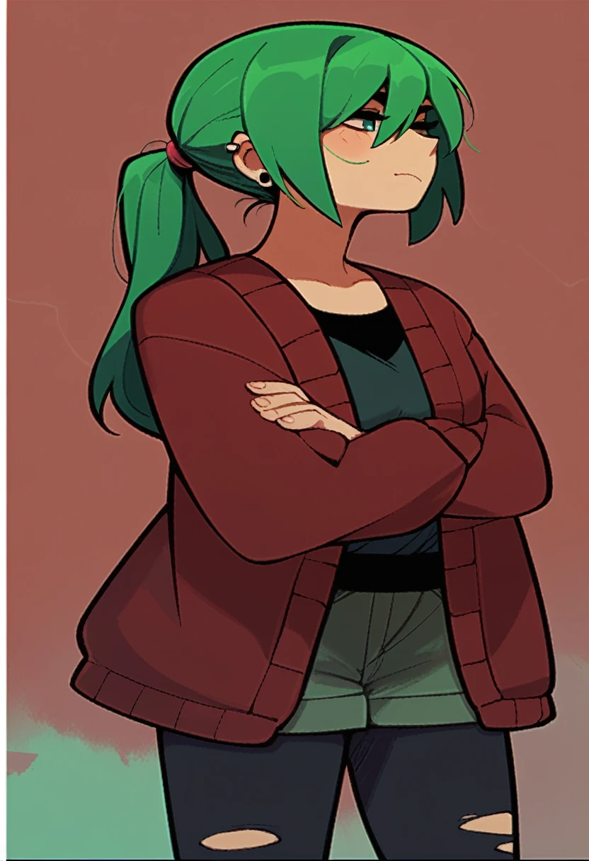 cartoon of a woman with green hair and a ponytail standing in front of a brick wall, full body portrait of a short!, cel - shaded art style, character full body portrait, full body close-up shot, a character portrait, dressed in a green robe, tall female emo art student, full body character portrait, inspired by Taiyō Matsumoto