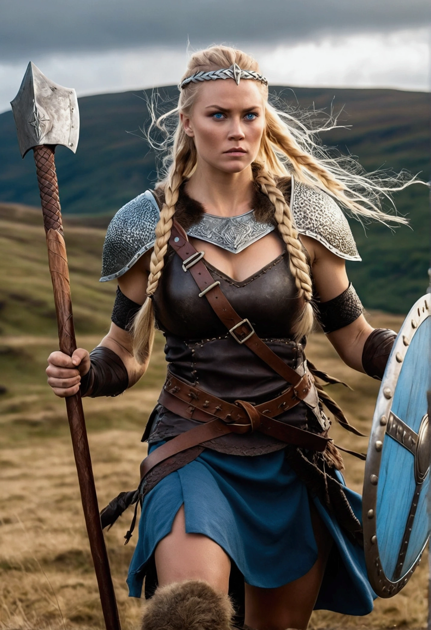8k quality, high definition realism, Viking warrior, blonde queen, battle costume, holding a tomahawk and shield in her hands, long blonde hair finely braided for battle, blue eyes and long eyelashes, large breasts and excellent style, skillfully using her long limbs to defeat the enemy, the battlefield is the hilly region of the Scottish Highlands, black clouds in the dim sky, the Viking army has just climbed the hill. The camera provides an overhead view of the Viking army. The Queen is running at the head of the army.