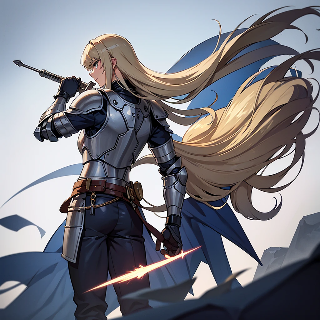 (Full body character concept、10 people)、Highest quality, Best Quality, Best illustrations, (((Grey Armor)))、(((Blond long hair man、Long-haired man、male、24-years-old、Cool guy)))、(Medieval Knight)、(Navy blue trousers)、(get annoyed)、(Living in the desert)、(White background)、Run、(From the back、back view)、(attack、Same angle、Deathblow、sparks)