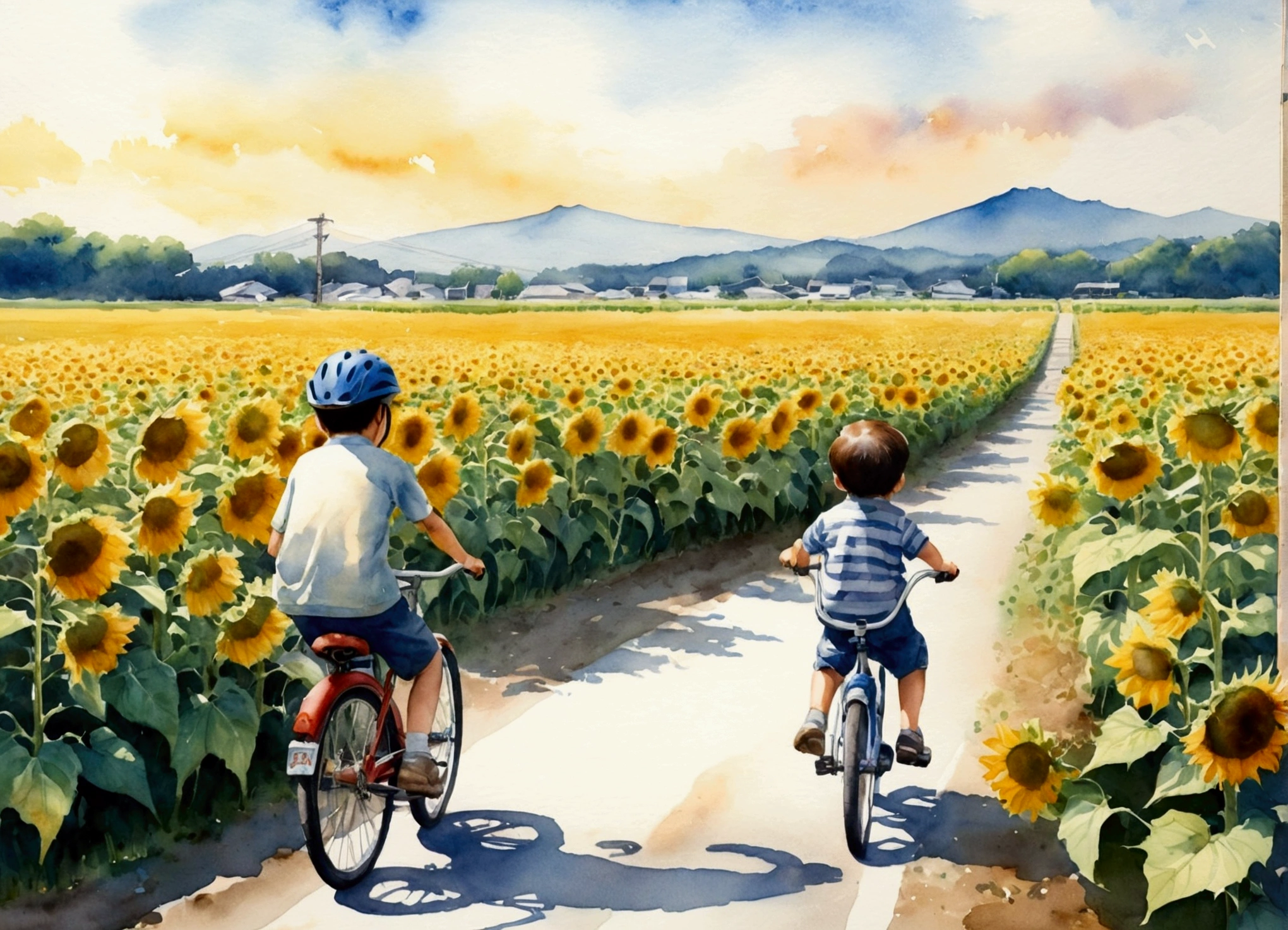 Five year old boy riding a bicycle Dad supporting from behind Japanese Watercolor Bright and sad color scheme Many sunflowers in the background Hazy background The end of a fun summer Smiles and a sad atmosphere Distant memories Faded Color A little faded Japanese countryside scenery Good old Summer in Japan Fun memories There's no going back