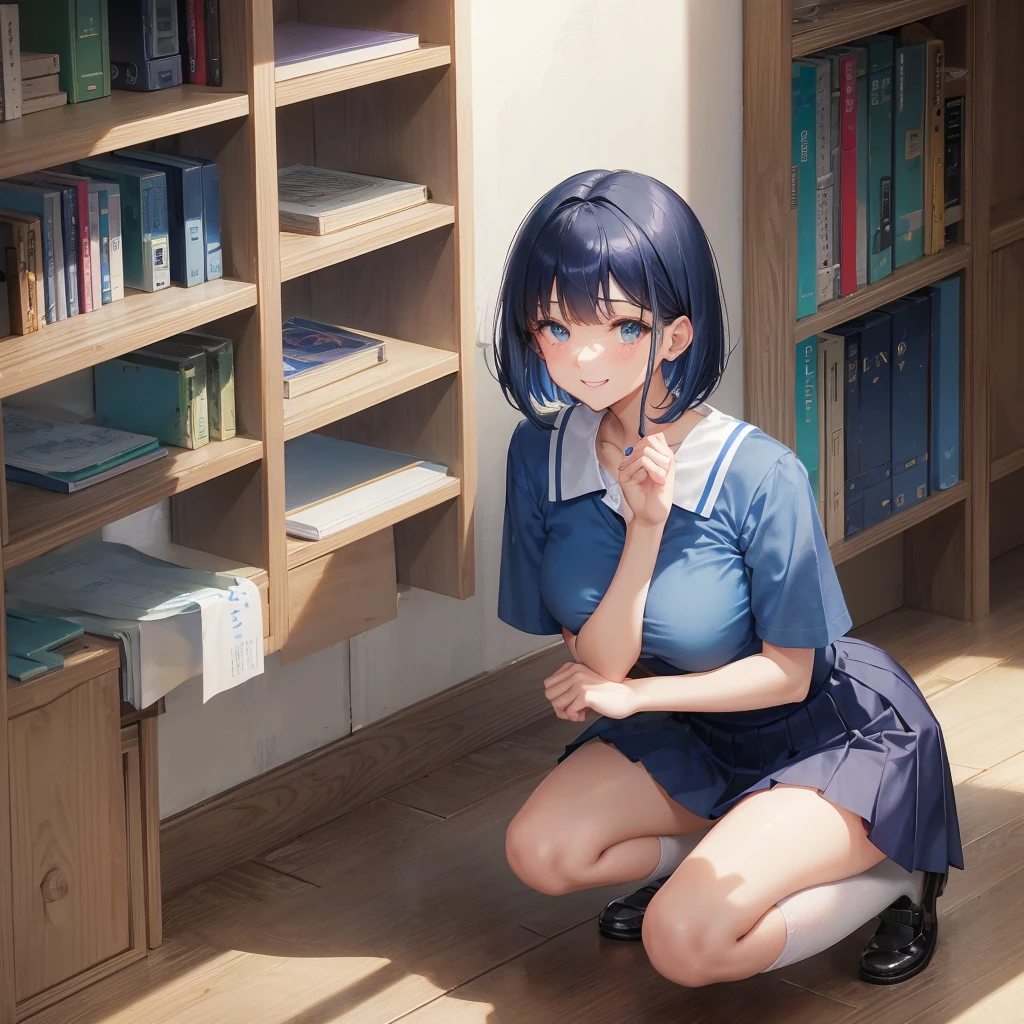 solo 1 person high school girl 17-year-old female Bobcut dark blue hair color High School Uniform Light blue Y-shirt Short sleeve Blue Ribbon Slim figure Large Breasts Full body portrait 学校のlibrary Smiling Kindly Laugh a little library Squat Place your hands before kneeling Put your hands on the floor