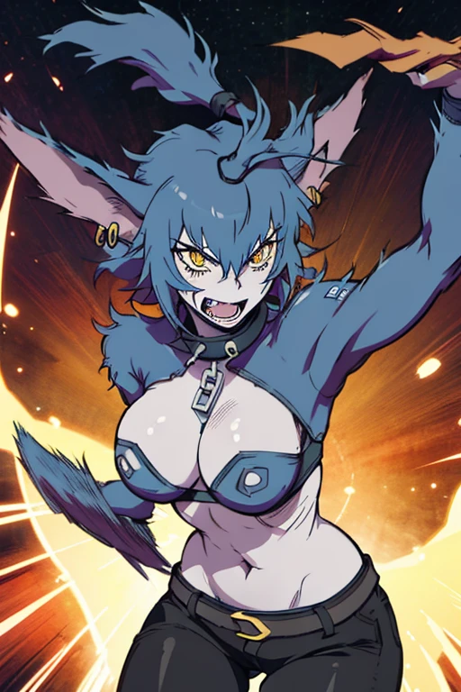 1girl, solo, wolfie, leather pants, hells, facial mark, yellow eyes, wolf claws, yellow eyes sights, fangs, professional, highly detailed. Movement, energy, dynamic, intense, best quality 