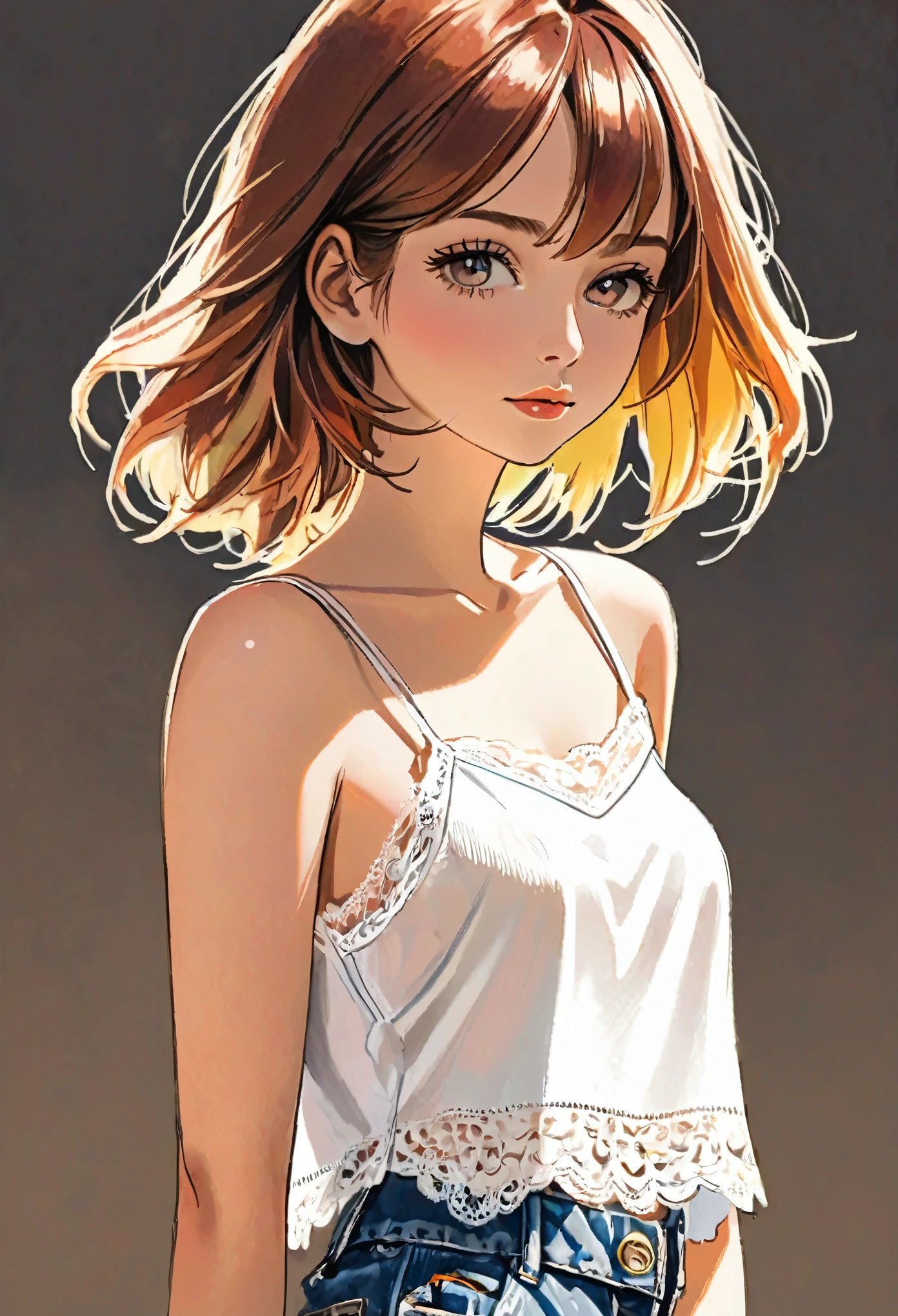  woman，Short camisole vest，White，Art，，Colored pencil sketch，sketch 