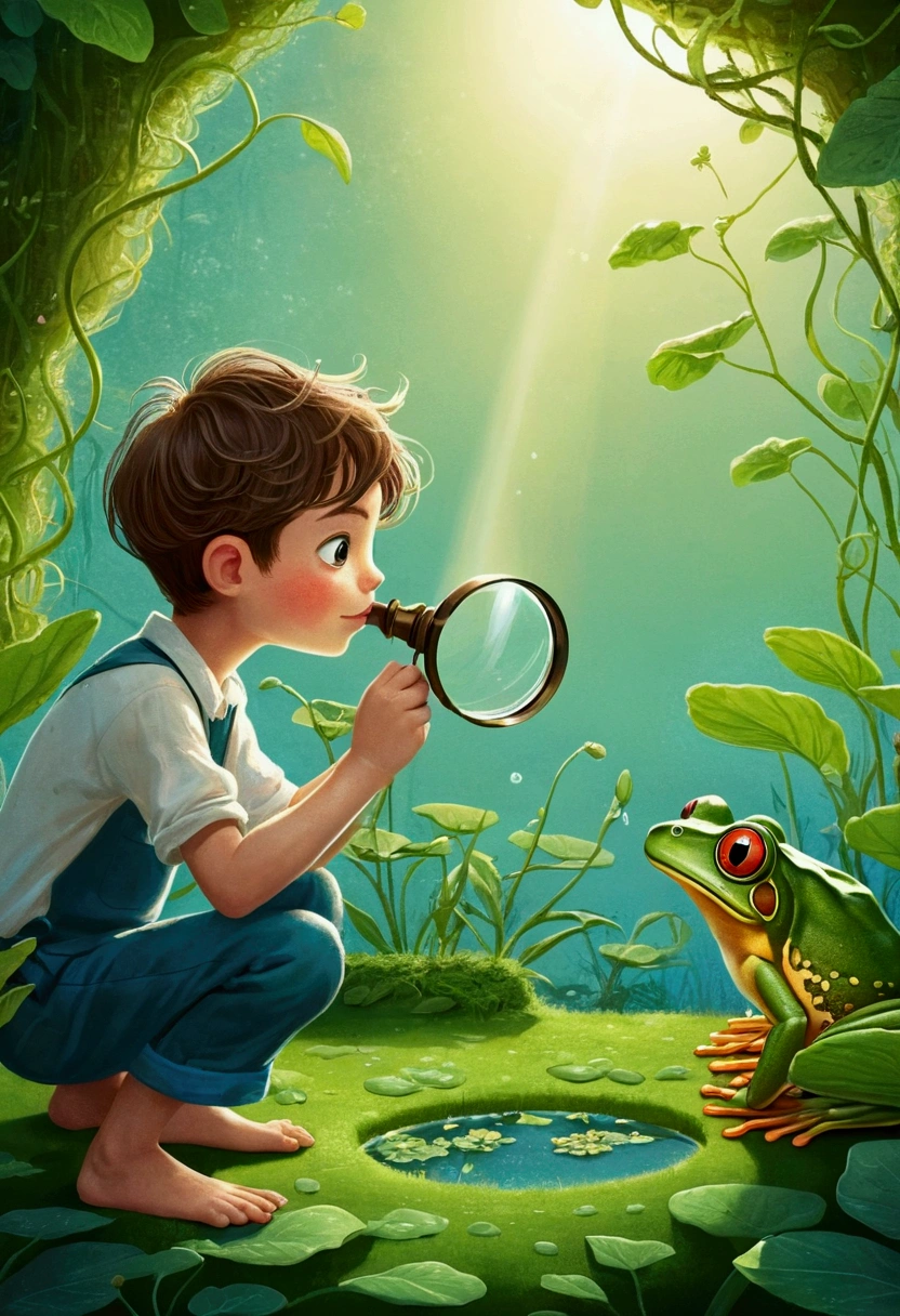 illustration：A boy observing a frog through a magnifying glass, 梅青 的故事书illustration, devianart contest winners, Concept Art, 儿童书籍illustration, 儿童书籍illustration, 儿童书籍illustration, 儿童书籍illustration, colorful 儿童书籍illustration, 儿童书籍illustration, Children&#39;s illustrations, 儿童书籍illustration, 故事书illustration, Children&#39;s illustrations